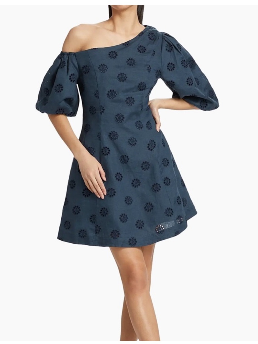NWT Figue Navy Blue Linen Eyelet Mini Dress Asymmetrical Puff Sleeve Size 10
